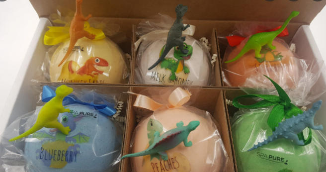 Großhandel mit Dinosaurier-Ei-Badsprudler-Sets, Bestellung von einem amerikanischen Kunden